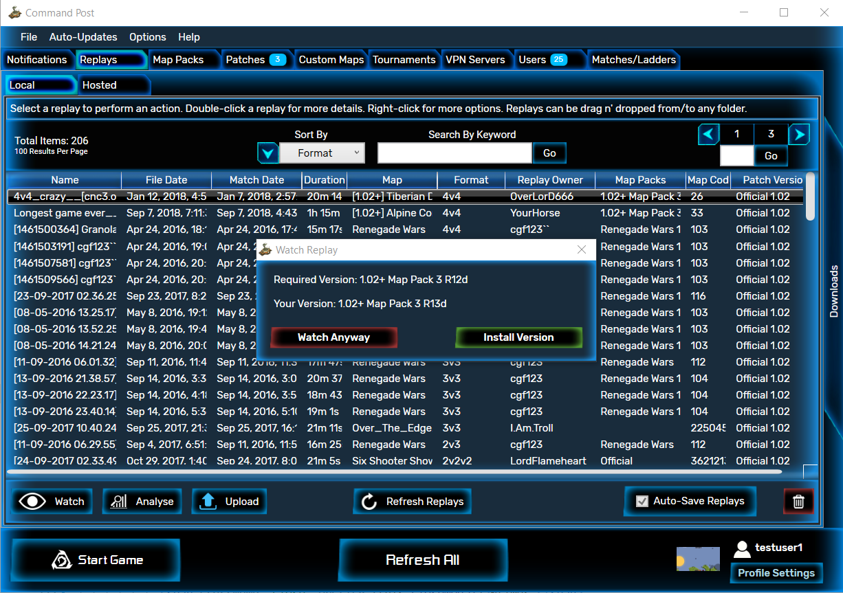 Browse all your saved replays with key details, including randomed factions